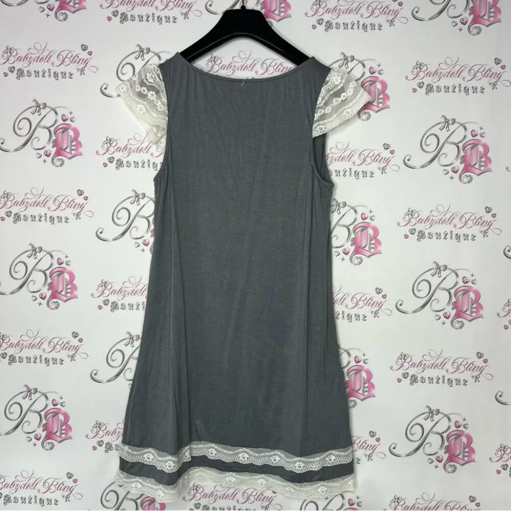 Valege dress grey white ruffle detail bow tie up lace ruffle frills cute y2k - Picture 4 of 9